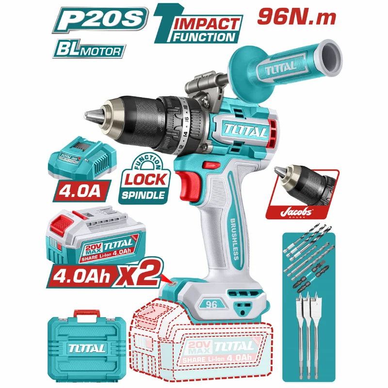 TALADRO DE IMPACTO INALAMBRICO 1/2" 20V 96NM  INCLUYE MANGO AUXILIAR 2 BATERIA DE 4.0AH, CARGADOR Y ACCESORIOS, SUPER TABLESS CELLS (UTIDLI209689)