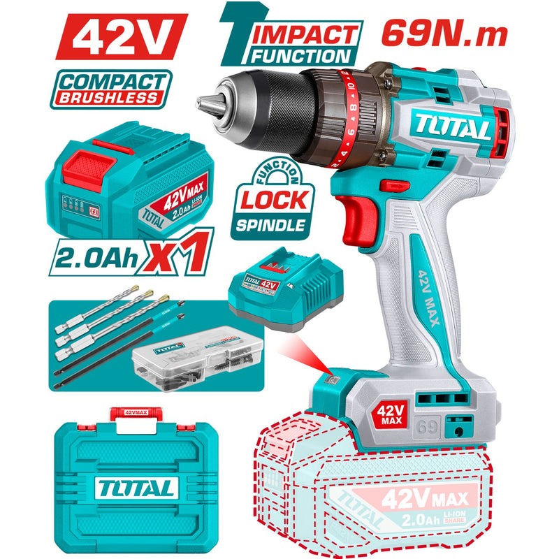 TALADRO INALAMBRICO PERCUTOR 1/2" 69 NM 42V CAJA PLASTICA INCLUYE 1 BATERIA 42V, 1 CARGADOR Y ACCESORIOS INDUSTRIAL SUPER TOTAL