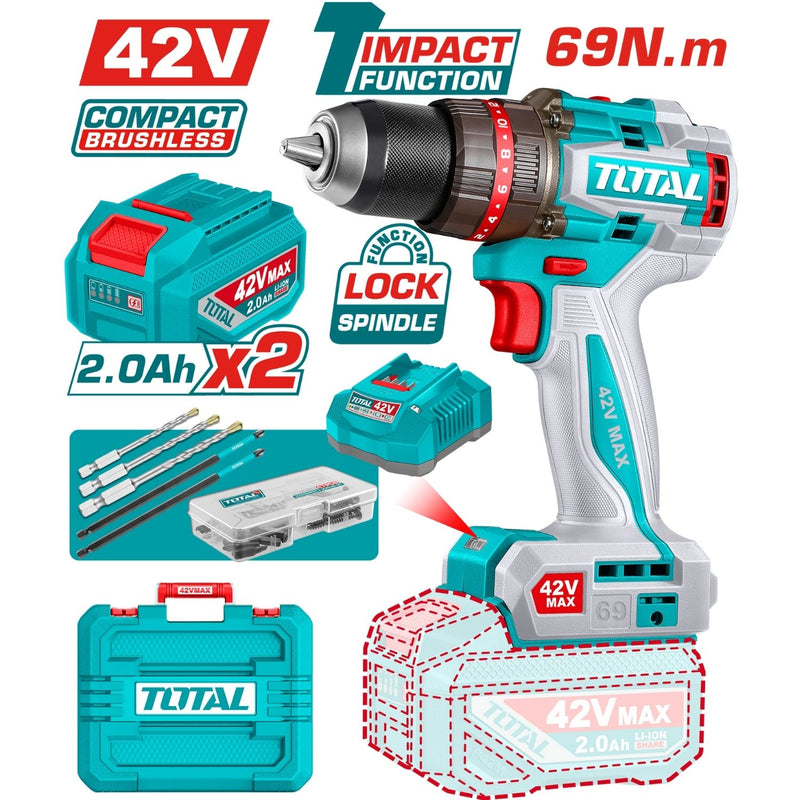 TALADRO DE IMPACTO INALAMBRICO 1/2 42V 69NM  INCLUYE 2 BATERIA DE 2.0AH, CARGADOR,47 ACCESORIOS,3 BROCAS CONCRETO y  2 PUNTAS  DESTORNILLADOR INDUSTRIAL SUPER TOTAL (UTIDLI426982)