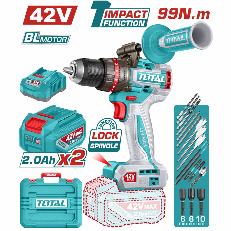 TALADRO INALAMBRICO PERCUTOR 1/2" 99 NM 42V CAJA PLASTICA INCLUYE 2 BATERIA 2.0AH, 1 CARGADOR Y ACCESORIOS INDUSTRIAL SUPER TOTAL (UTIDLI429982)