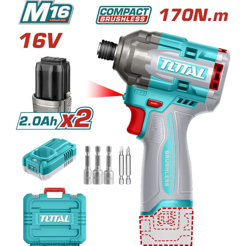ATORNILLADOR IMPACTO INALAMBRICO 16V 170NM + 2 BAT. 2.0AH, CARGADOR, PUNTA TALADRO Y COPA