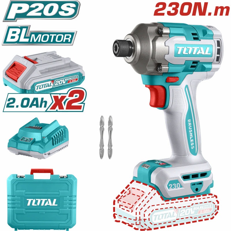 ATORNILLADOR IMPACTO 1/4" 20V 230NM + 2 BAT. Y 2 PUNTAS TALADRO INDUSTRIAL SUPER TOTAL (UTIRLI2023)