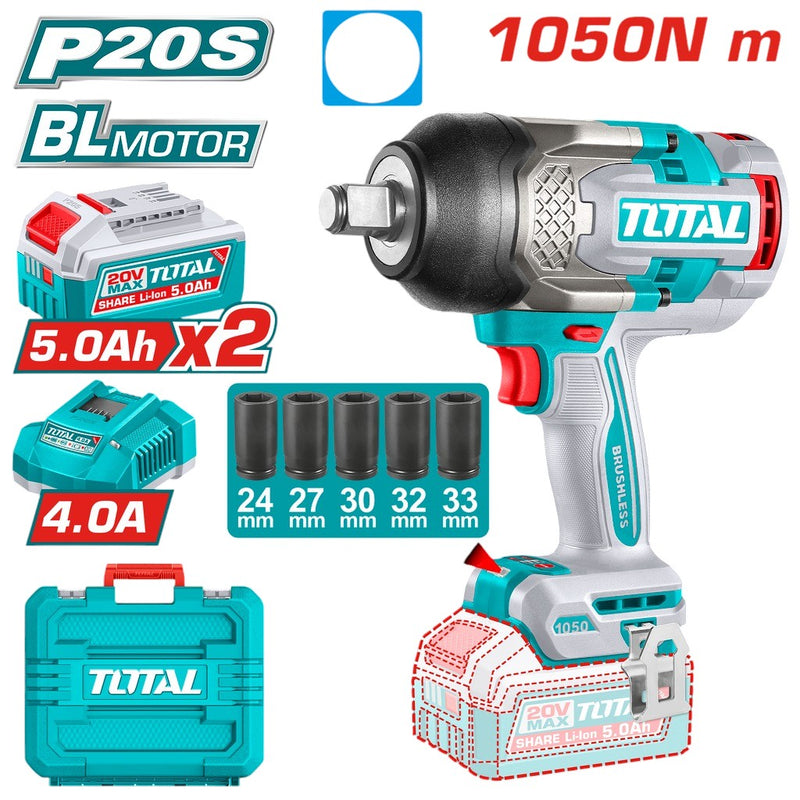PISTOLA IMPACTO INALAMBRICA 3/4 20V 1050 NM INCLUYE 2 BATERIAS 5.0AH + CARGADOR Y 5 COPAS 24,27,30,32,33 MM, INDUSTRIAL SUPER TOTAL (UTIWLI20105)