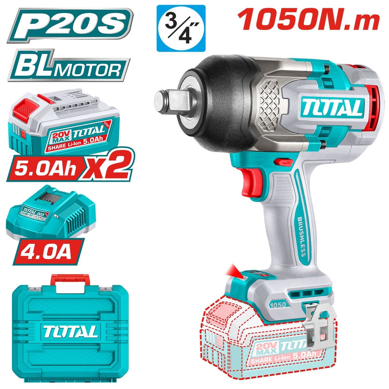 PISTOLA IMPACTO INALAMBRICA 3/4" 20V 1050NM INCLUYE 2 BATERIAS 5.0AH  Y 1  CARGADOR  INDUSTRIAL SUPER TOTAL (UTIWLI201056)