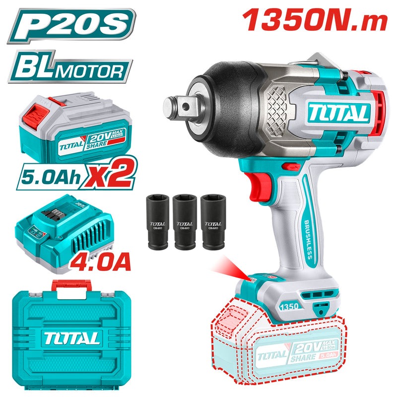 PISTOLA IMPACTO INALAMBRICA 3/4 20V 1350NM INCLUYE 2 (5.0 AH) BATERIAS 1 CARGADOR Y 3 COPAS 27,30,32 MM INDUSTRIAL SUPER TOTAL