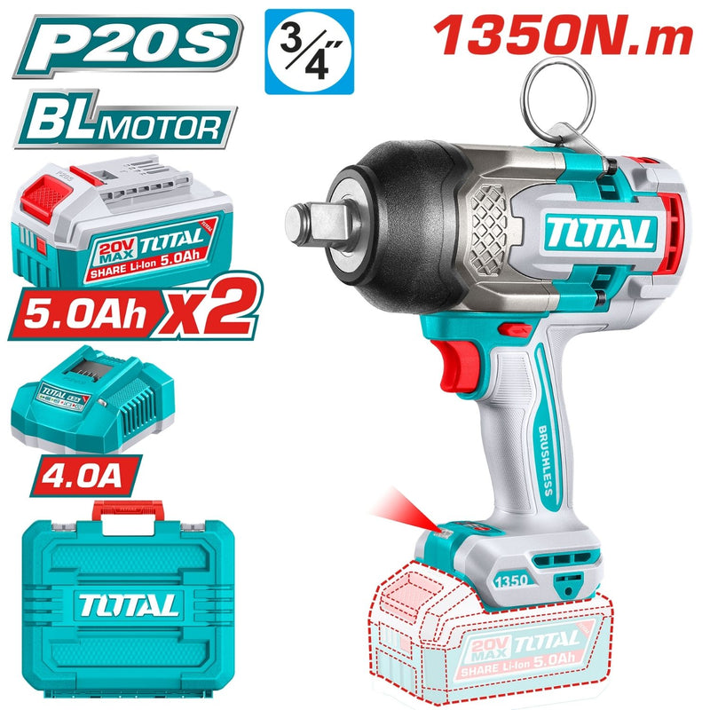 PISTOLA IMPACTO INALAMBRICA 3/4" 20V 1350NM INCLUYE 2 BATERIAS 5.0AH 1 CARGADOR  INDUSTRIAL SUPER TOTAL (UTIWLI201356)