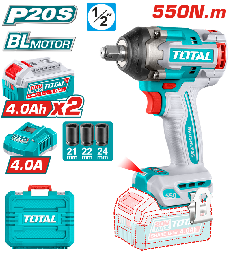 PISTOLA IMPACTO INALAMBRICA 1/2" 20V 550NM CAJA PLASTICA INCLUYE 2 BATERIA 4.0AH , 1 CARGADOR Y ACCESORIOS INDUSTRIAL SUPER TOTAL (UTIWLI2055)