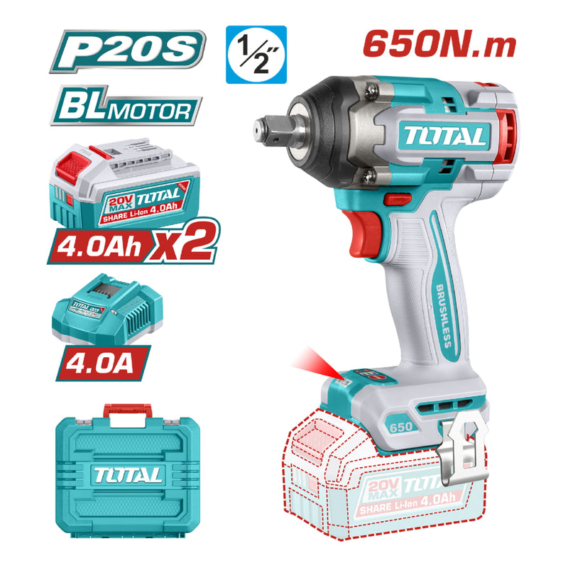 PISTOLA IMPACTO INALAMBRICA 1/2" 20V 650NM INCLUYE 2 BATERIAS 4.0AH 1 CARGADOR  INDUSTRIAL SUPER TOTAL (UTIWLI2065)