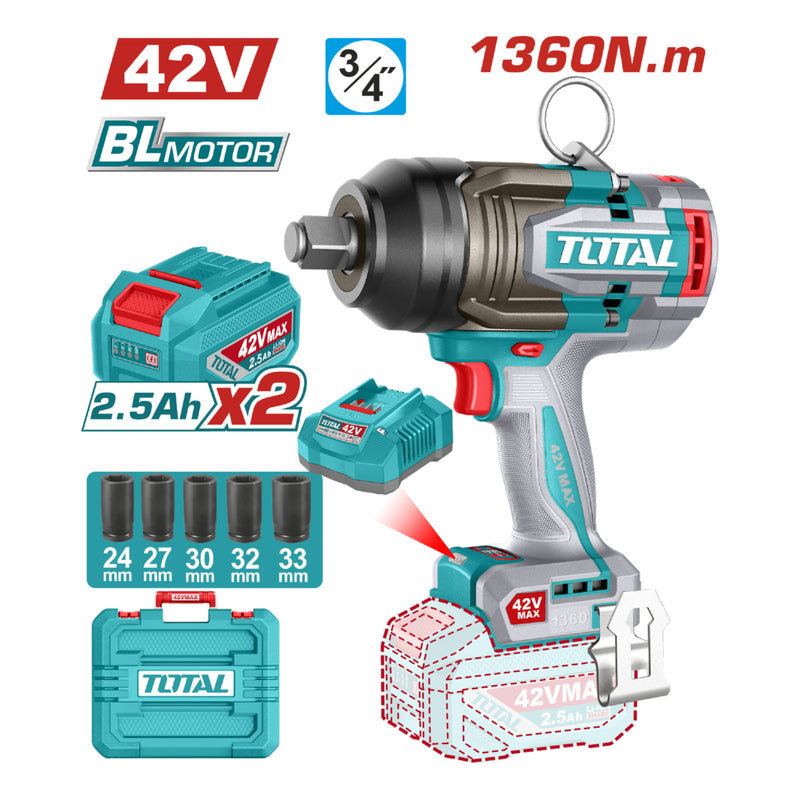 PISTOLA IMPACTO INALAMBRICA 3/4" 42V 1360NM CAJA PLASTICA INCLUYE 2 BATERIA 2.5AH , 1 CARGADOR  INDUSTRIAL SUPER TOTAL (UTIWLI421362)