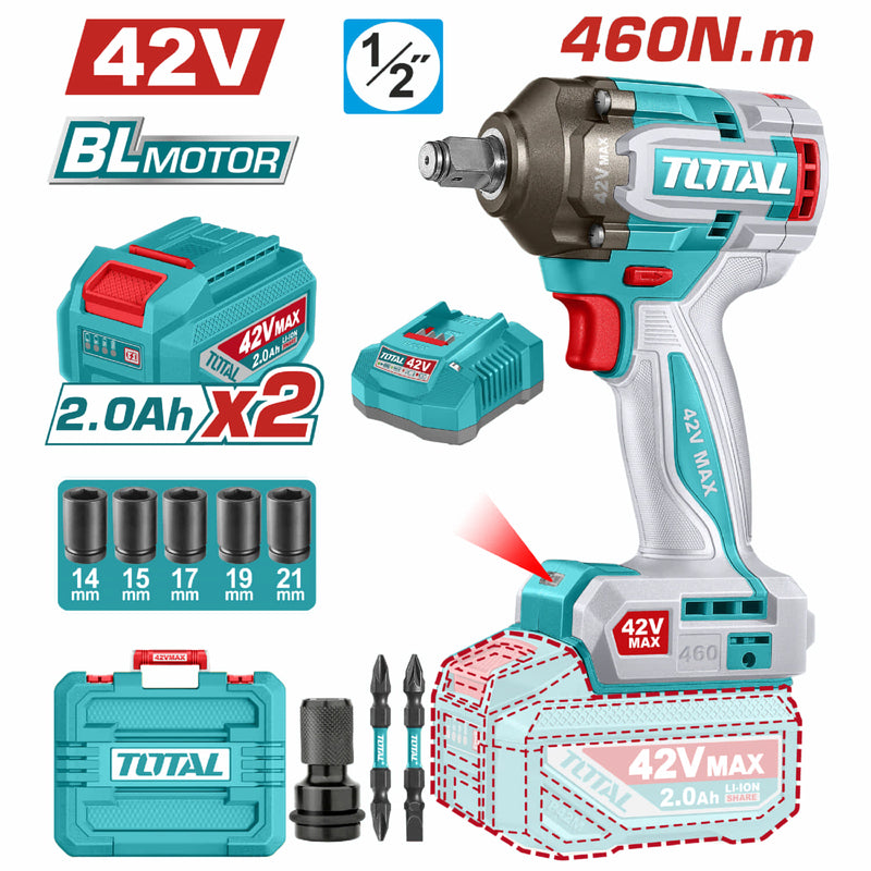 PISTOLA IMPACTO INALAMBRICA 1/2" 42V 460NM CAJA PLASTICA INCLUYE 2 BATERIA, 1 CARGADOR Y ACCESORIOS SUPER TOTAL INDUSTRIAL (UTIWLI42462)