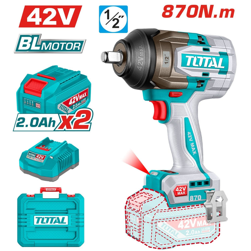 PISTOLA IMPACTO INALAMBRICA 1/2" 42V 870NM CAJA PLASTICA INCLUYE 2 BATERIA 2.0AH , 1 CARGADOR  INDUSTRIAL SUPER TOTAL (UTIWLI42862)