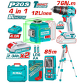COMBO INALAMBRICO 20V X 4 PZS TALADRO DE IMPACTO 1/2 42V 76NM + NIVEL LASER 0-35M  LUZ VERDE  3D 12 LINEAS + MEDIDOR DE DISTANCIA LASER 85MTS + 2 BATERIAS 2.0AH + CARGADOR 4.0AH + TRIPODE RETRACTIL Y ACCESORIOS INDUSTRIAL TOTAL (UTLL260467)