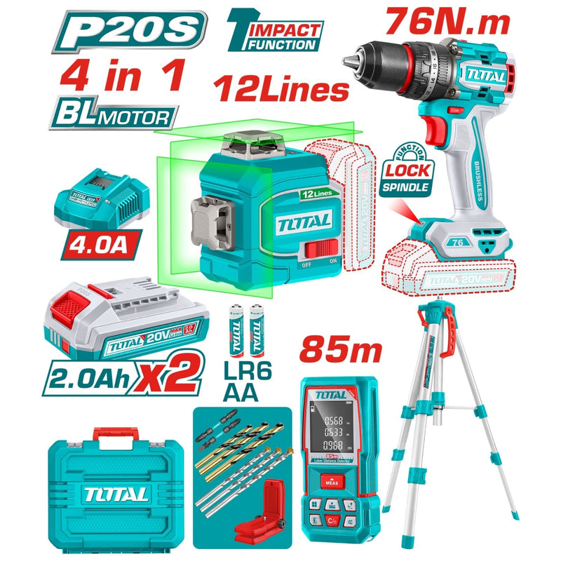 COMBO INALAMBRICO 20V X 4 PZS TALADRO DE IMPACTO 1/2 42V 76NM + NIVEL LASER 0-35M  LUZ VERDE  3D 12 LINEAS + MEDIDOR DE DISTANCIA LASER 85MTS + 2 BATERIAS 2.0AH + CARGADOR 4.0AH + TRIPODE RETRACTIL Y ACCESORIOS INDUSTRIAL TOTAL (UTLL260467)