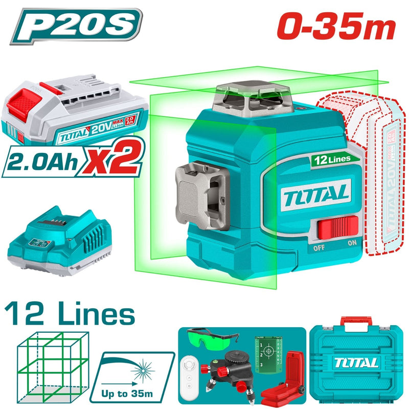 NIVEL LASER 0-35M  LUZ VERDE  3D 12 LINEAS 20V INCLUYE 2 BATERIAS 2.0AH Y CARGADOR INDUSTRIAL TOTAL (UTLL3012165)