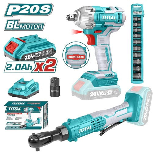 LLAVE DE IMPACTO 20V CTE 1/2" + RACHET CTE 3/8" + JUEGO COPAS DE IMPACTO + BATERIA Y CARGADOR (TOTAL)