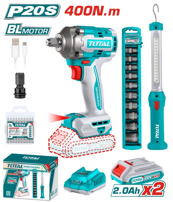 PISTOLA IMPACTO INALAMBRICA 1/2 20V 400 NM INCLUYE 2 BAT 1 CARGADOR 1 LAMP COPAS