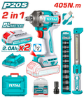 COMBO INALAMBRICO 20V PISTOLA IMPACTO INALAMBRICO 1/2 405 NM + LAMPARA DE TRABAJO 300 LUMENES RECARGABLE + 10 COPAS 1/2 (10-24MM)+ ADAPTADOR DE 1/2 A 1/4 + 2  BATERIA 2.0 AH + ACCESORIOS  Y  SUPER TOTAL (UTOSLI23056)