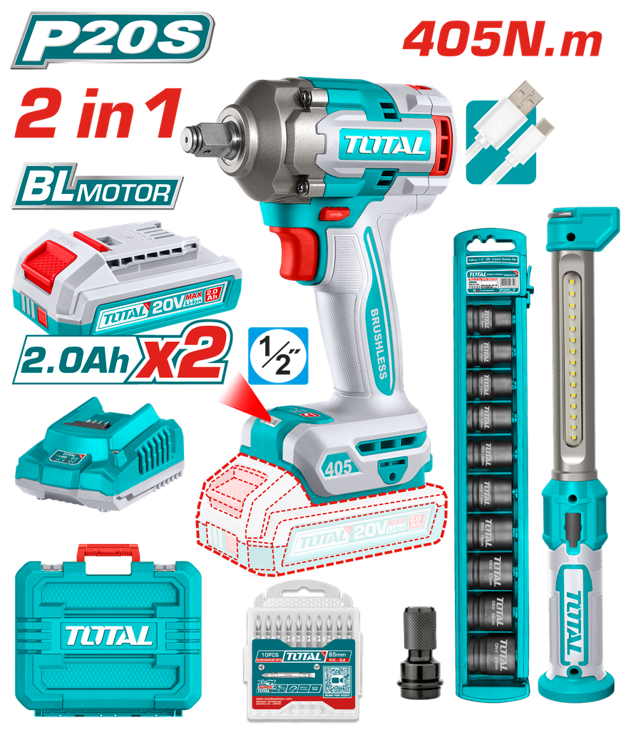 COMBO INALAMBRICO 20V PISTOLA IMPACTO INALAMBRICO 1/2 405 NM + LAMPARA DE TRABAJO 300 LUMENES RECARGABLE + 10 COPAS 1/2 (10-24MM)+ ADAPTADOR DE 1/2 A 1/4 + 2  BATERIA 2.0 AH + ACCESORIOS  Y  SUPER TOTAL (UTOSLI23056)