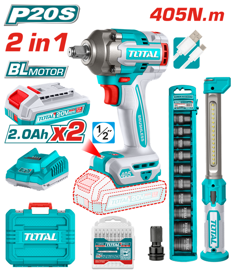 COMBO INALAMBRICO 20V PISTOLA IMPACTO INALAMBRICO 1/2 405 NM + LAMPARA DE TRABAJO 300 LUMENES RECARGABLE + 10 COPAS 1/2 (10-24MM)+ ADAPTADOR DE 1/2 A 1/4 + 2  BATERIA 2.0 AH + ACCESORIOS  Y  SUPER TOTAL (UTOSLI23056)