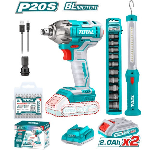 LLAVE IMPACTO 20V (1/2") +1 LAMPARA + 1 ADAP Y 10 PTAS + DADOS X 10 + 2 BATERIAS Y 1 CARGADOR  (TOTAL)