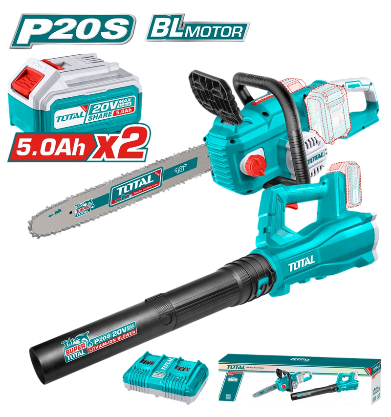 JUEGO MOTOSIERRA + SOPLADORA INALAMBRICA 20V + 2 BAT. 5.0AH Y CARGADOR DOBLE