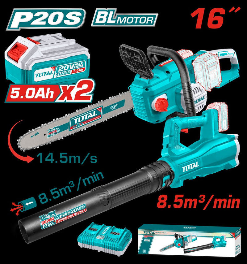 JUEGO MOTOSIERRA + SOPLADORA INALAMBRICA 20V + 2 BAT. 5.0AH Y CARGADOR DOBLE