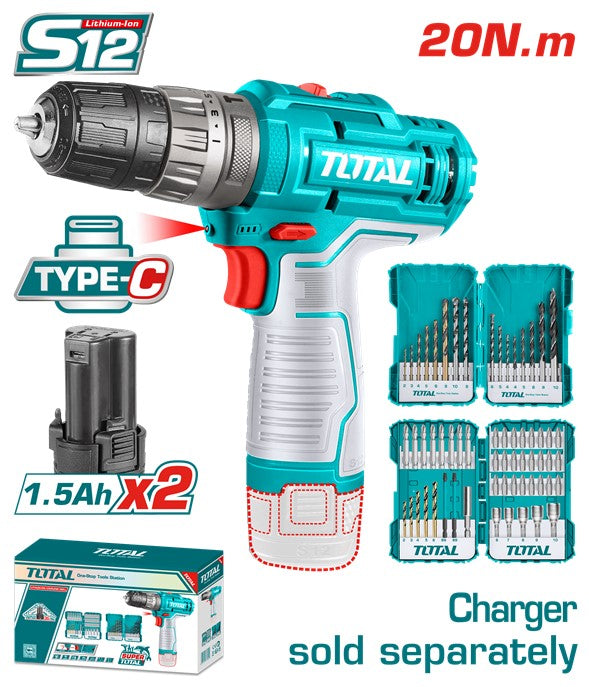 TALADRO 12V 3/8 PERCUTOR + 2 BATERIAS + CARGADOR + 61 ACCESORIOS