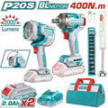 COMBO 20V PISTOLA IMPACTO 1/2" 400NM + LAMPARA 2000L + BATIDORA + 2 BAT. 2.0AH, CARGADOR Y COPAS