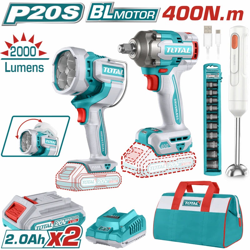 COMBO 20V PISTOLA IMPACTO 1/2" 400NM + LAMPARA 2000L + BATIDORA + 2 BAT. 2.0AH, CARGADOR Y COPAS