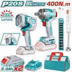 COMBO 20V PISTOLA IMPACTO 1/2" 400NM + LAMPARA 2000L + BATIDORA + 2 BAT. 2.0AH, CARGADOR Y COPAS