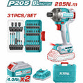 ATORNILLADOR DE IMPACTO  1/4" 20V 285NM + JGO. PUNTAS 31PZS + 2 BAT. 4.0AH Y CARGADOR