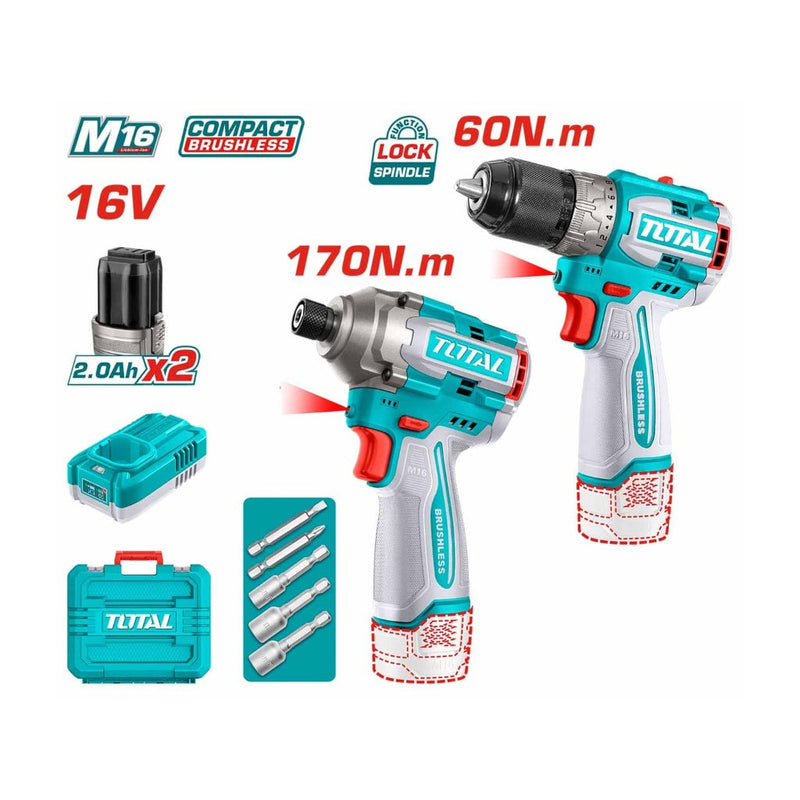 COMBO 16V TALADRO 1/2" 60NM + ATORNILLADOR IMPACTO 170NM + 2 BAT. 2.0AH, CARGADOR Y COPA TORNILLO