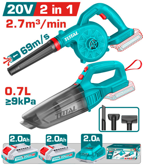COMBO INALAMBRICO 20V SOPLADORA + ASPIRADORA DE MANO 0,7L INCLUYE 2 BATERIAS 2.0AH Y CARGADOR TOTAL (UTOSLI240999)