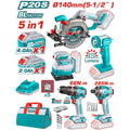 COMBO 20V SIERRA CIRCULAR 5-1/2 + TALADRO PERCUTOR 1/2 66NM + IMPACTO 1/4" 285NM + LIJADORA 4 3/8"X4" + LINTERNA 270LM + 1 BATERÍA 4.0AH + 1 BATERÍA 2.0AH + CARGADOR + ACCESORIOS