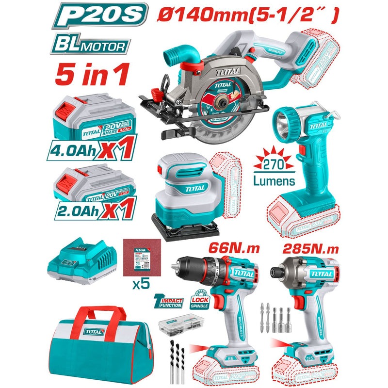 COMBO 20V SIERRA CIRCULAR 5-1/2 + TALADRO PERCUTOR 1/2 66NM + IMPACTO 1/4" 285NM + LIJADORA 4 3/8"X4" + LINTERNA 270LM + 1 BATERÍA 4.0AH + 1 BATERÍA 2.0AH + CARGADOR + ACCESORIOS