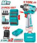 ATORNILLADOR DE IMPACTO 16V 1/4 170NM + 31 ACCESORIOS + 2 BATERIAS (2.0AH)  +CARGADOR INDUSTRIAL SUPER TOTAL