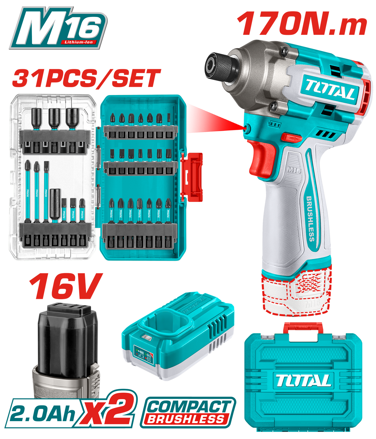 ATORNILLADOR DE IMPACTO 16V 1/4 170NM + 31 ACCESORIOS + 2 BATERIAS (2.0AH)  +CARGADOR INDUSTRIAL SUPER TOTAL