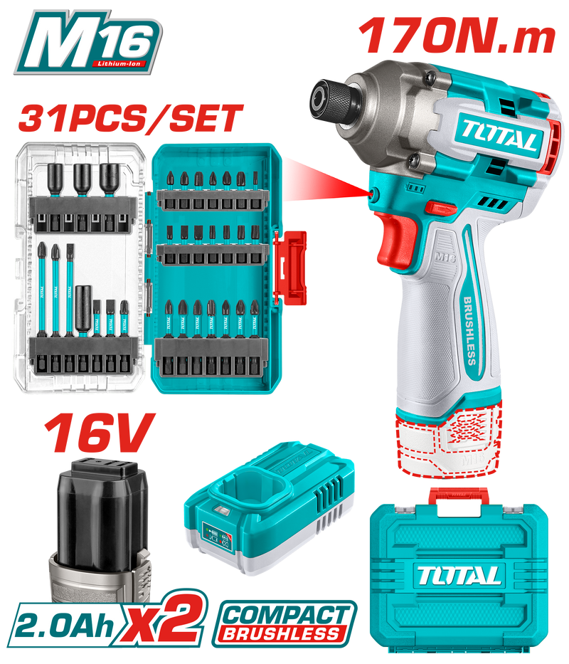 ATORNILLADOR DE IMPACTO 16V 1/4 170NM + 31 ACCESORIOS + 2 BATERIAS (2.0AH)  +CARGADOR INDUSTRIAL SUPER TOTAL