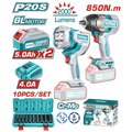 COMBO 20V PISTOLA IMPACTO 1/2" 850NM + LAMPARA 2000L + JGO. COPAS 10-24MM + 2 BAT. 5.0AH, CARGADOR