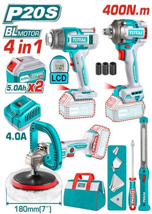 COMBO 20V POLICHADORA 7" + PISTOLA IMPACTO 1/2" 400NM + PISTOLA CALOR + LAMPARA 300L + 2 BAT. 5.0AH