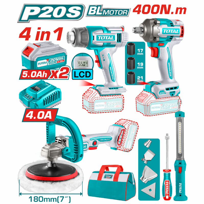 COMBO 20V POLICHADORA 7" + PISTOLA IMPACTO 1/2" 400NM + PISTOLA CALOR + LAMPARA 300L + 2 BAT. 5.0AH
