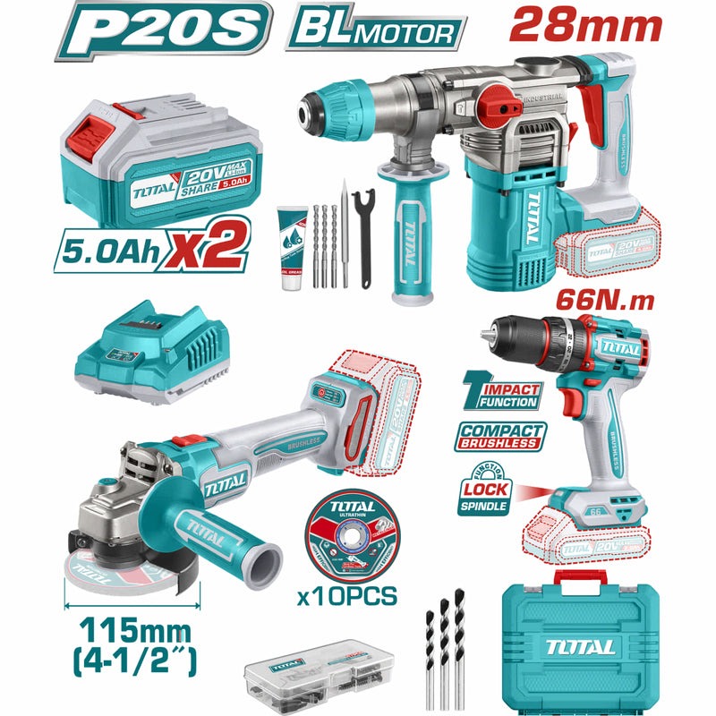 COMBO TALADRO 20V 1/2 66 NM + PULIDORA 20V + ROTOMARTILLO SDS PLUS 20V + 2 BAT 5.0AH SUPER TOTAL