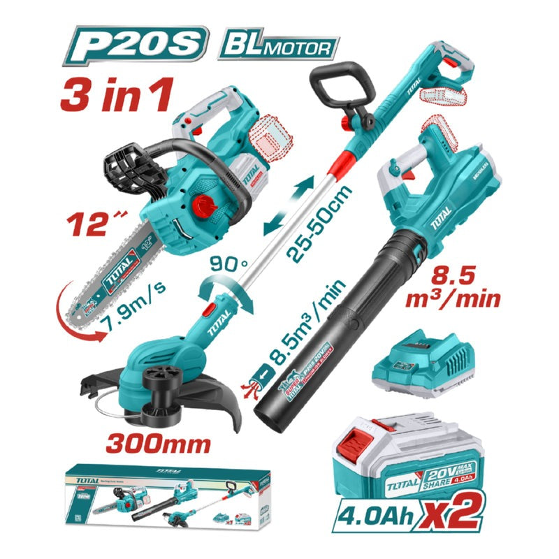 COMBO INALAMBRICO 20V MOTOSIERRA INALAMBRICA 12" + GUADAÑADORA + SOPLADORA + 2 BATERIAS 4.0 AH Y CARGADOR INDUSTRIAL SUPER TOTAL