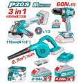 COMBO INALAMBRICO 20V PULIDORA INALAMBRICA 4 1/2 1000W + TALADRO INALAMBRICO 1/2 60N.M + SOPLADORA INCLUYE 10 DISCOS DE CORTE, 1 BATERIA 2.0AH, 1 BATERIA 4.0AH Y CARGADOR INDUSTRIAL SUPER TOTAL