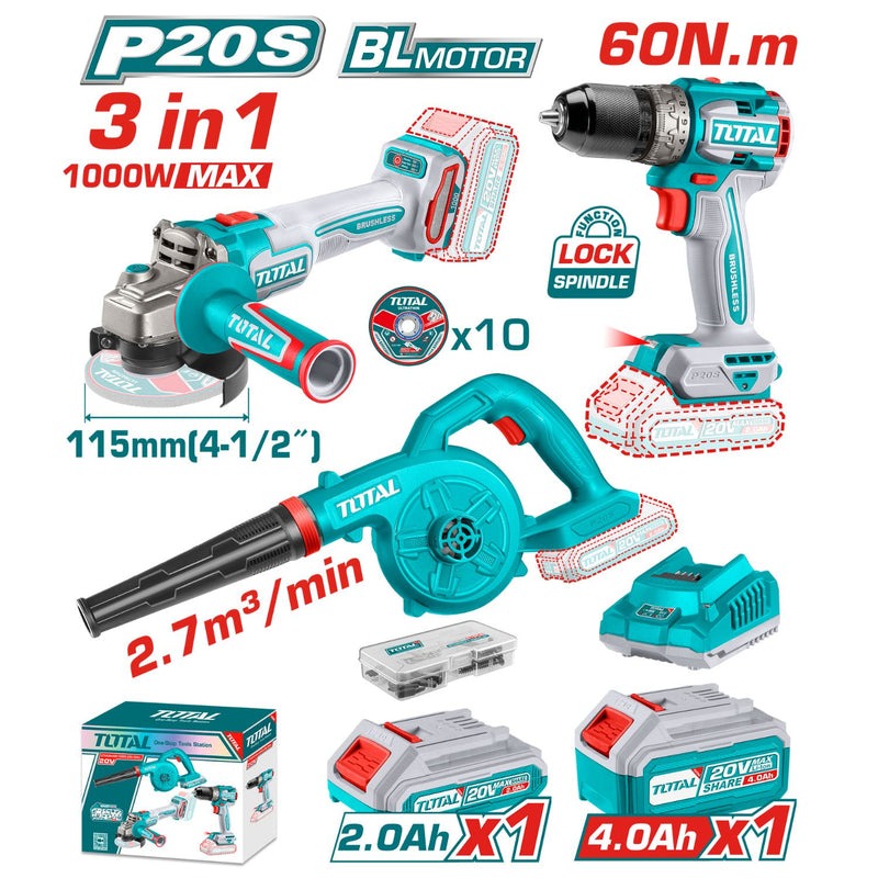 COMBO INALAMBRICO 20V PULIDORA INALAMBRICA 4 1/2 1000W + TALADRO INALAMBRICO 1/2 60N.M + SOPLADORA INCLUYE 10 DISCOS DE CORTE, 1 BATERIA 2.0AH, 1 BATERIA 4.0AH Y CARGADOR INDUSTRIAL SUPER TOTAL