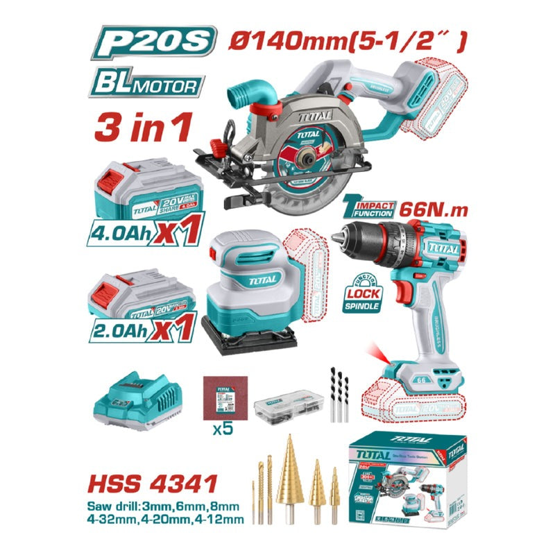 COMBO INALAMBRICO  20 V SIERRA CIRCULAR I 5-1/2 +TALADRO PERCUTOR ATORNILLADOR 1/2 66 NM + LIJADORA DE PALMA 4 3/8"X 4" + 1 BATERIA 4.0 AH + 1 BATERIA 2.0 AH + ACCESORIOS INDUSTRIAL SUPER TOTAL