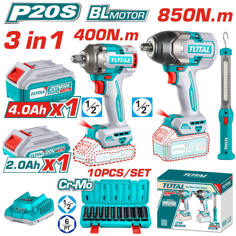 COMBO 20V PISTOLA IMPACTO 1/2" 850NM + 400NM + LÁMPARA 300L + 10 COPAS + 2 BAT. Y CARGADOR