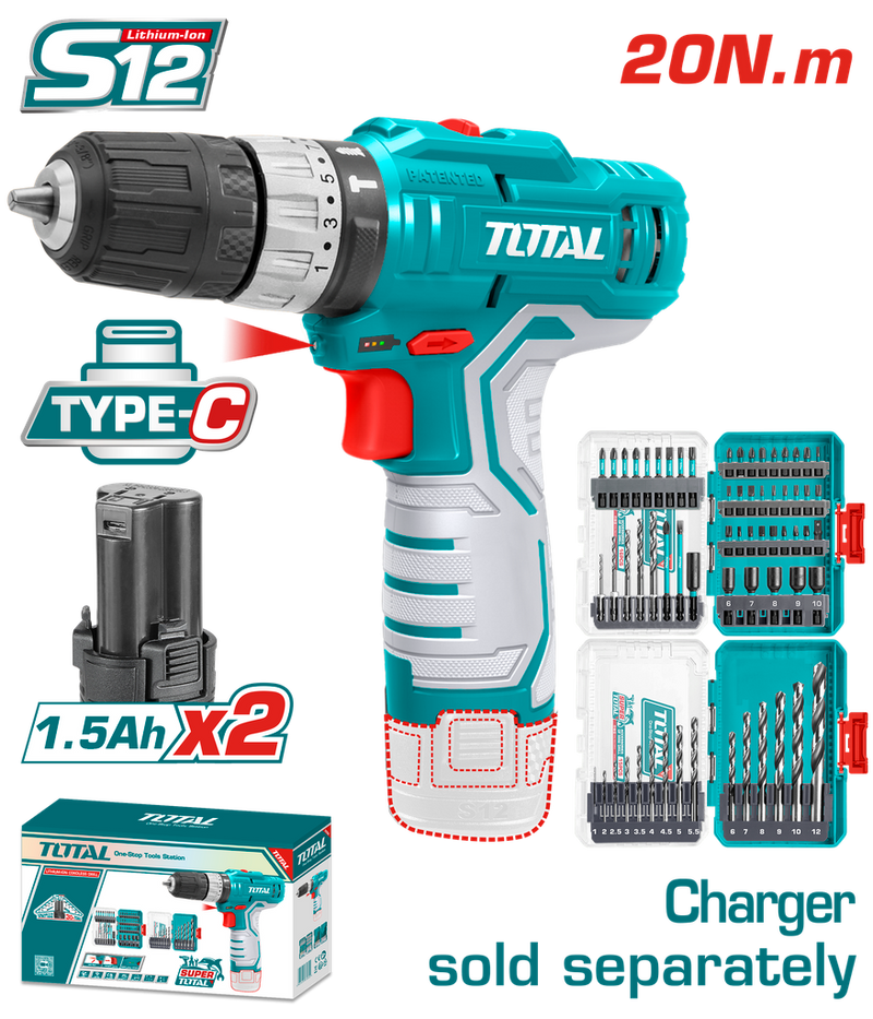 TALADRO INALAMBRICO 3/8 12V 20 N.M INCLUYE 2 BATERIA DE 1.5 AH + PUNTA TALADRO Y BROCA INDUSTRIAL SUPER TOTAL