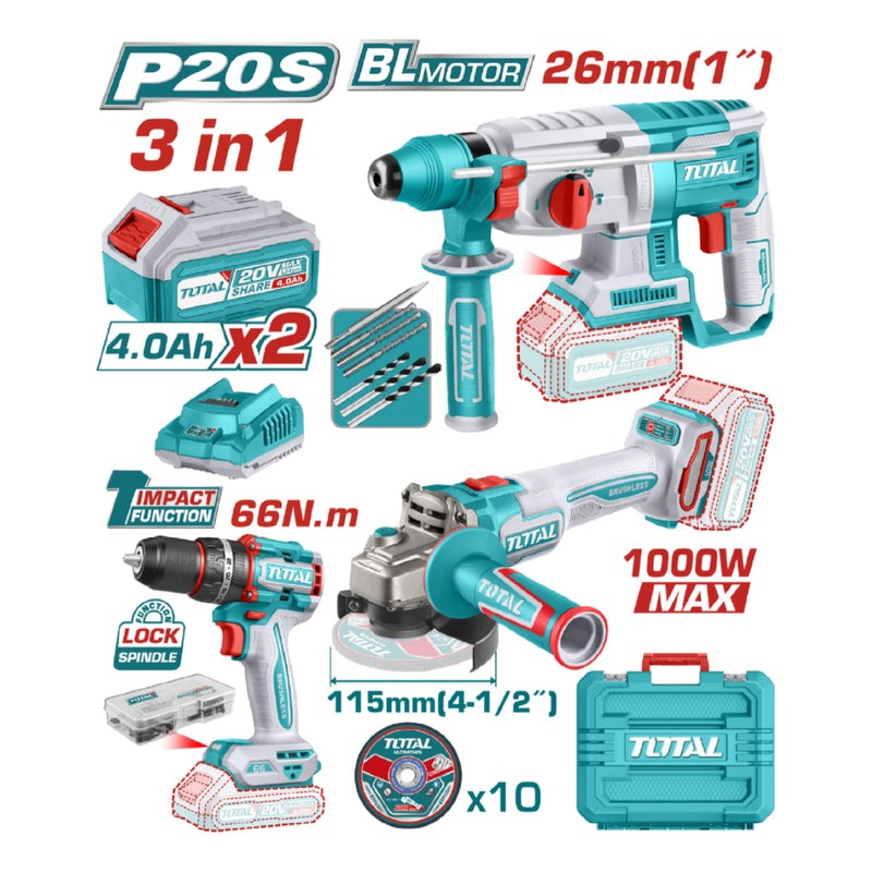 COMBO 20V X3 PZS: TALADRO PERCUTOR 1/2 66NM + PULIDORA 4 1/2 + ROTOMARTILLO SDS PLUS 2.5J. INCLUYE 2 BATERÍAS 4.0AH, CARGADOR, 10 DISCOS DE CORTE Y 47 ACCESORIOS