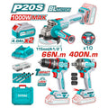 COMBO INALAMBRICO 20V TALADRO 1/2"  66NM + PULIDORA 4 1/2"  1000W + PISTOLA IMPACTO  1/2 400NM INCLUYE 2 BATERIA 20V(4.0AH),CARGADOR , 10 DISCOS DE CORTE Y ACCESORIOS INDUSTRIAL TOTAL (UTOSLI241291)
